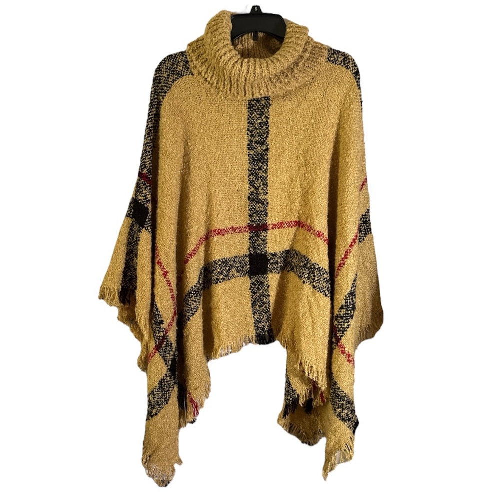 Tan Plaid Fringe Knit Poncho Sweater Pullover Turtleneck One Size NWT - Picture 9 of 9